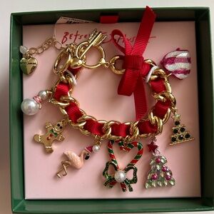 Betsey Johnson Gold Charm Bracelet with Red Ribbon and Festive Charms NWT